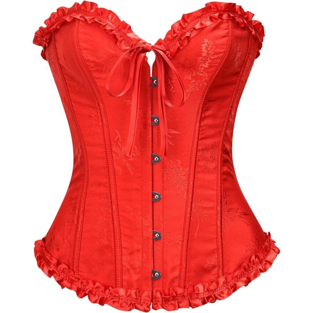 Women's Poppy Red Corset Tops Bustier Lingerie Lace Waist Push Up Bodysuit